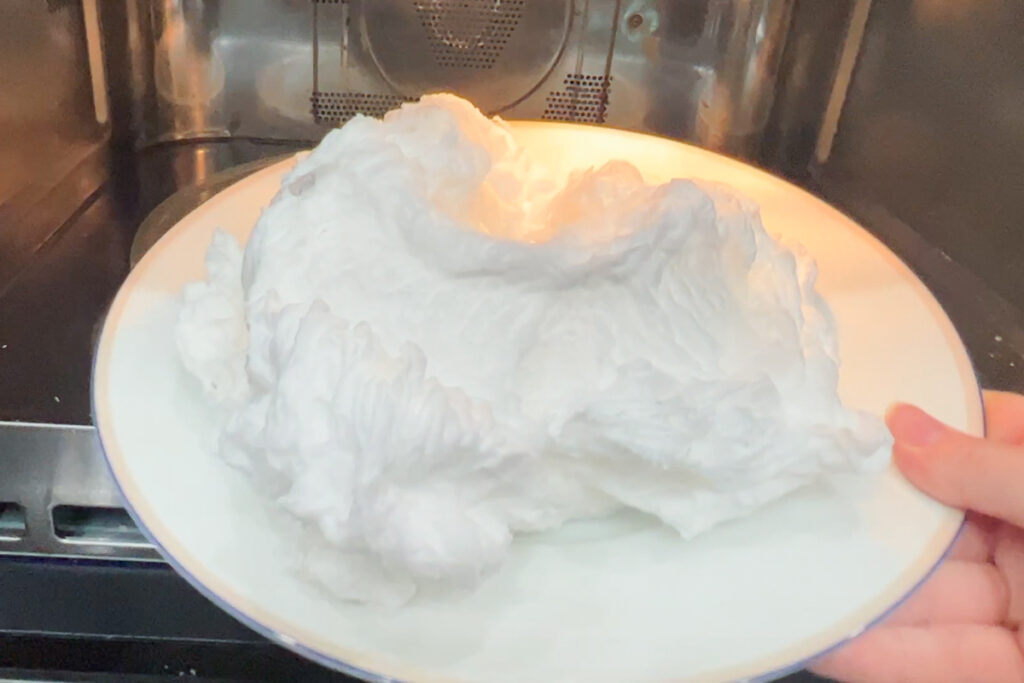 a plate full of fluffy foam from an a bar of soap that has been microwaved 
